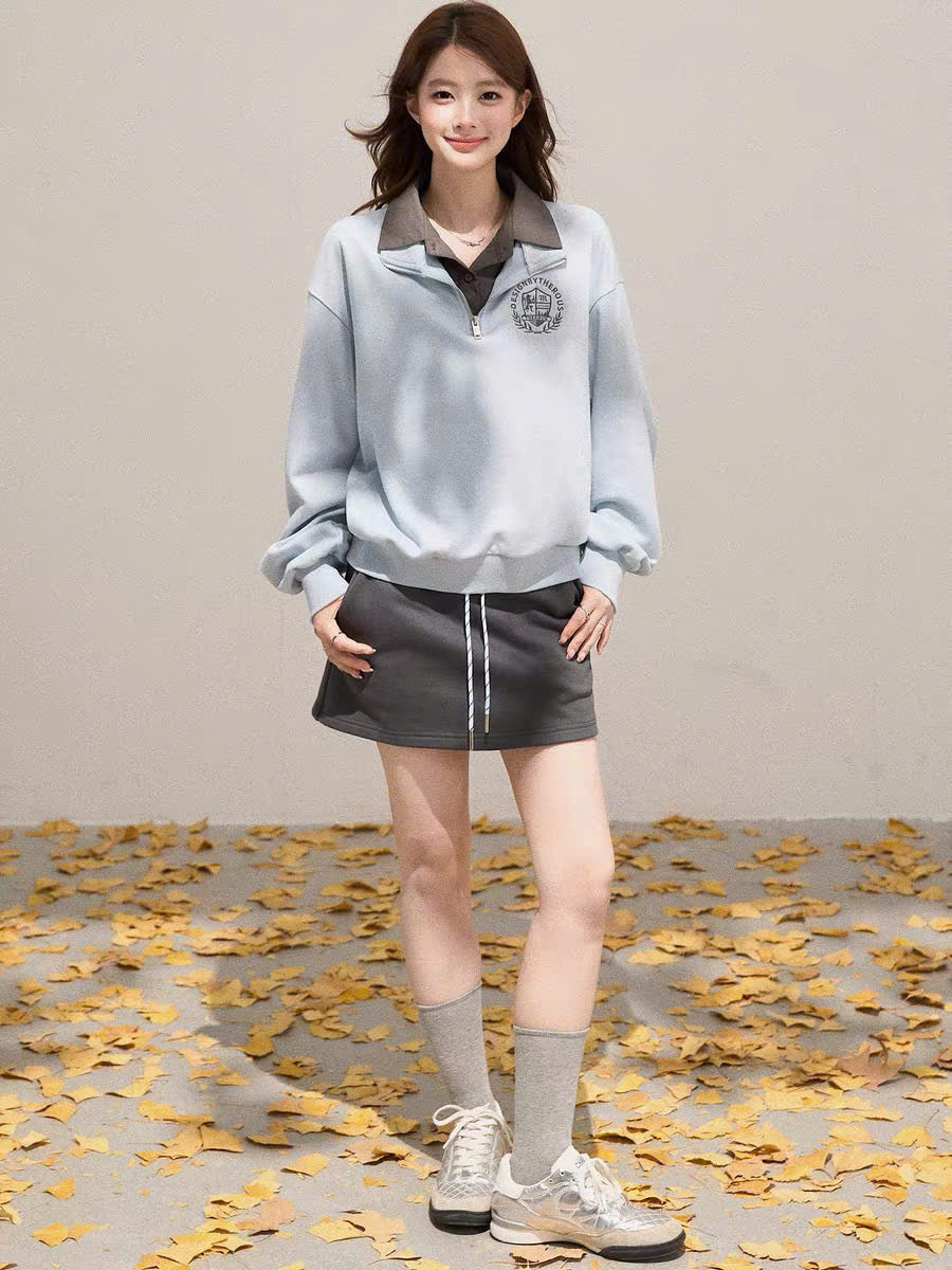 Set áo sweater nỉ cổ sơ mi và chân váy chữ A xám trơn (có tách lẻ)