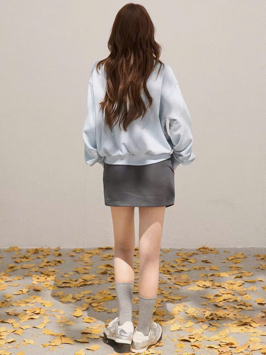 Set áo sweater nỉ cổ sơ mi và chân váy chữ A xám trơn (có tách lẻ)