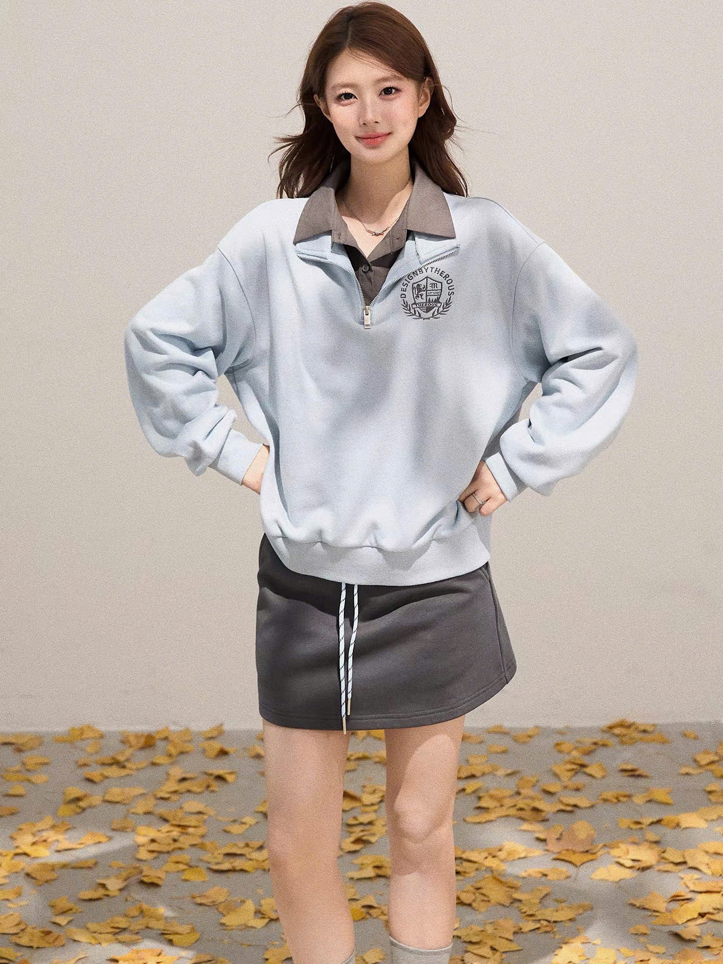 Set áo sweater nỉ cổ sơ mi và chân váy chữ A xám trơn (có tách lẻ)