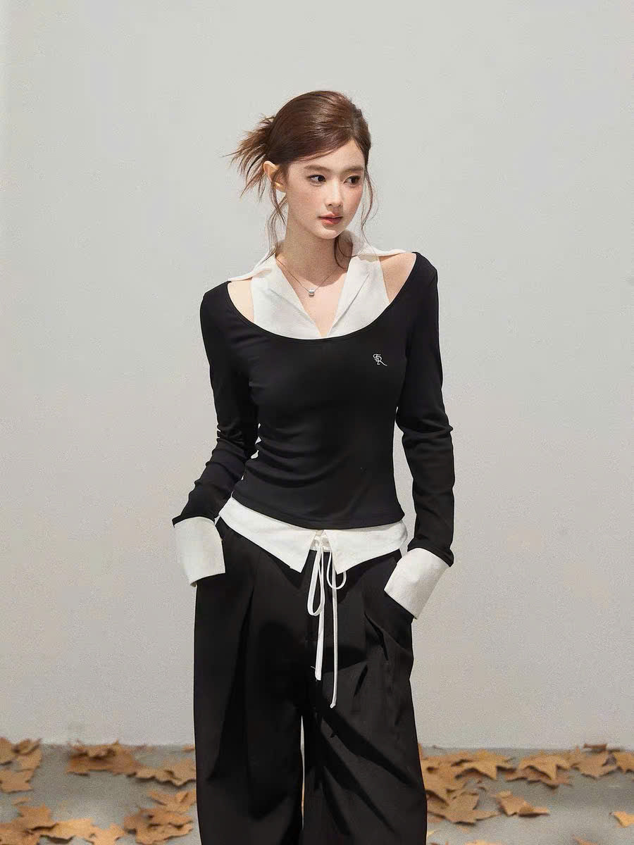 Áo tay dài phối cổ sơ mi khoét vai đen trắng