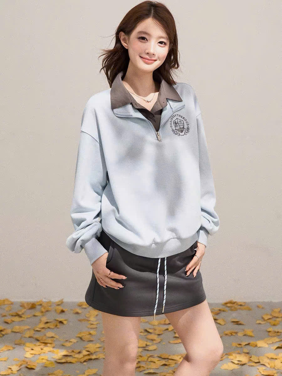 Set áo sweater nỉ cổ sơ mi và chân váy chữ A xám trơn (có tách lẻ)