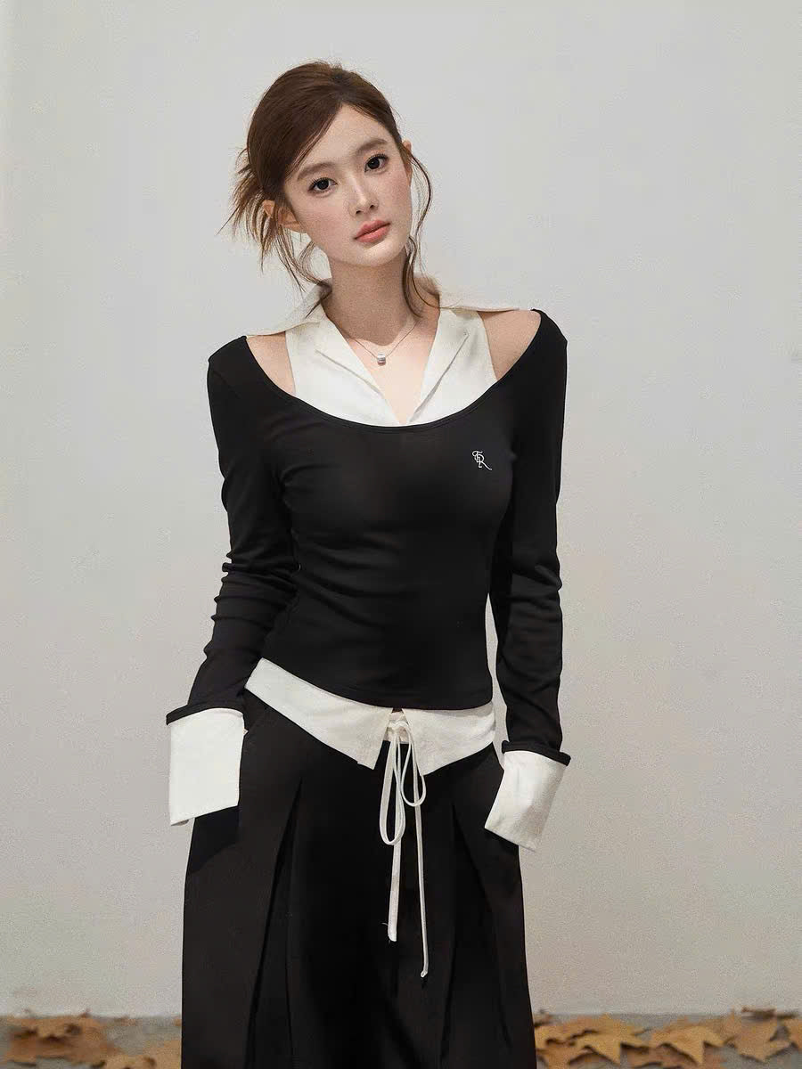 Áo tay dài phối cổ sơ mi khoét vai đen trắng