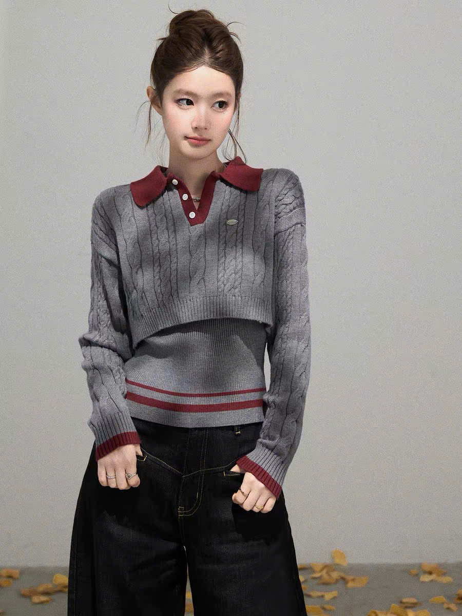 Set áo len 3 lỗ và croptop tay dài cổ sơ mi