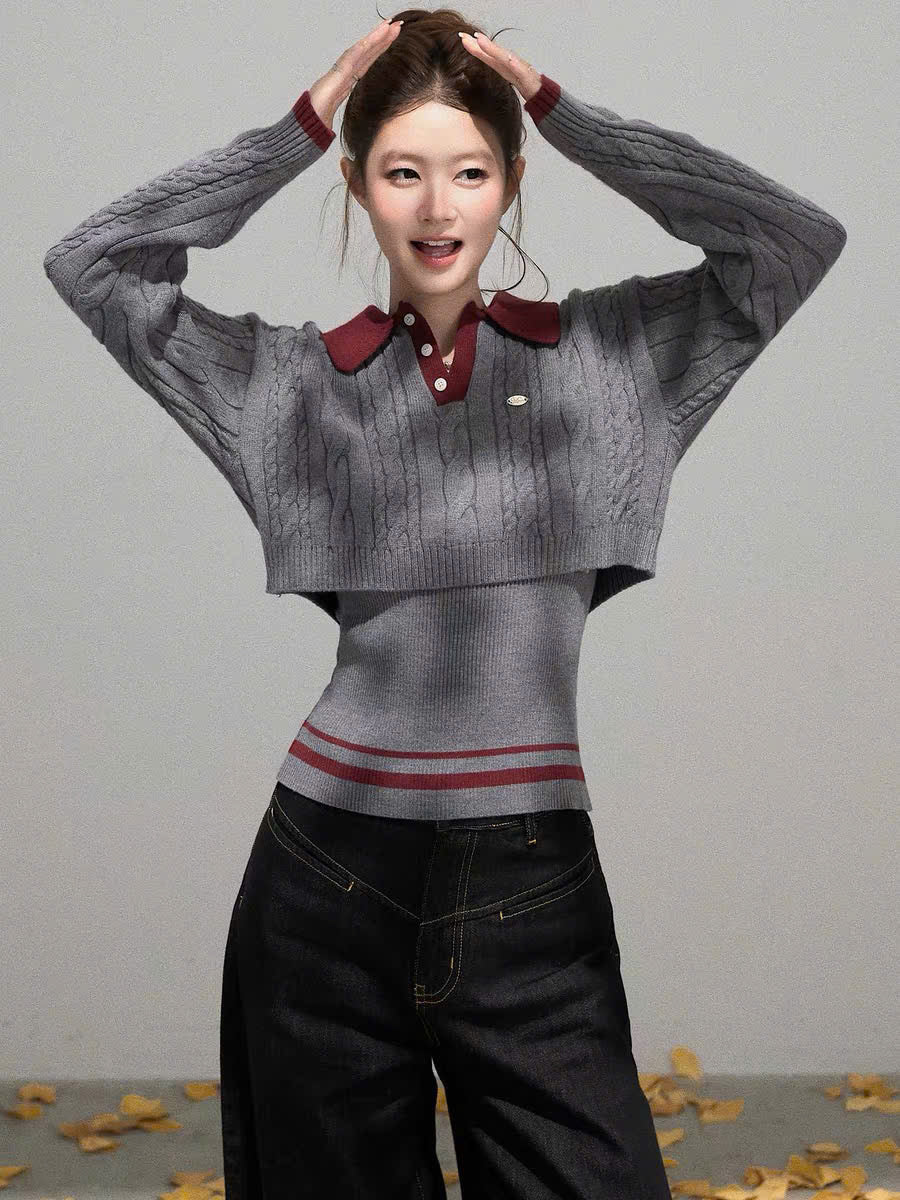 Set áo len 3 lỗ và croptop tay dài cổ sơ mi