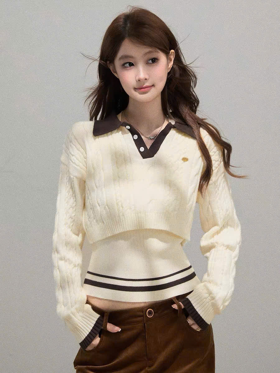 Set áo len 3 lỗ và croptop tay dài cổ sơ mi