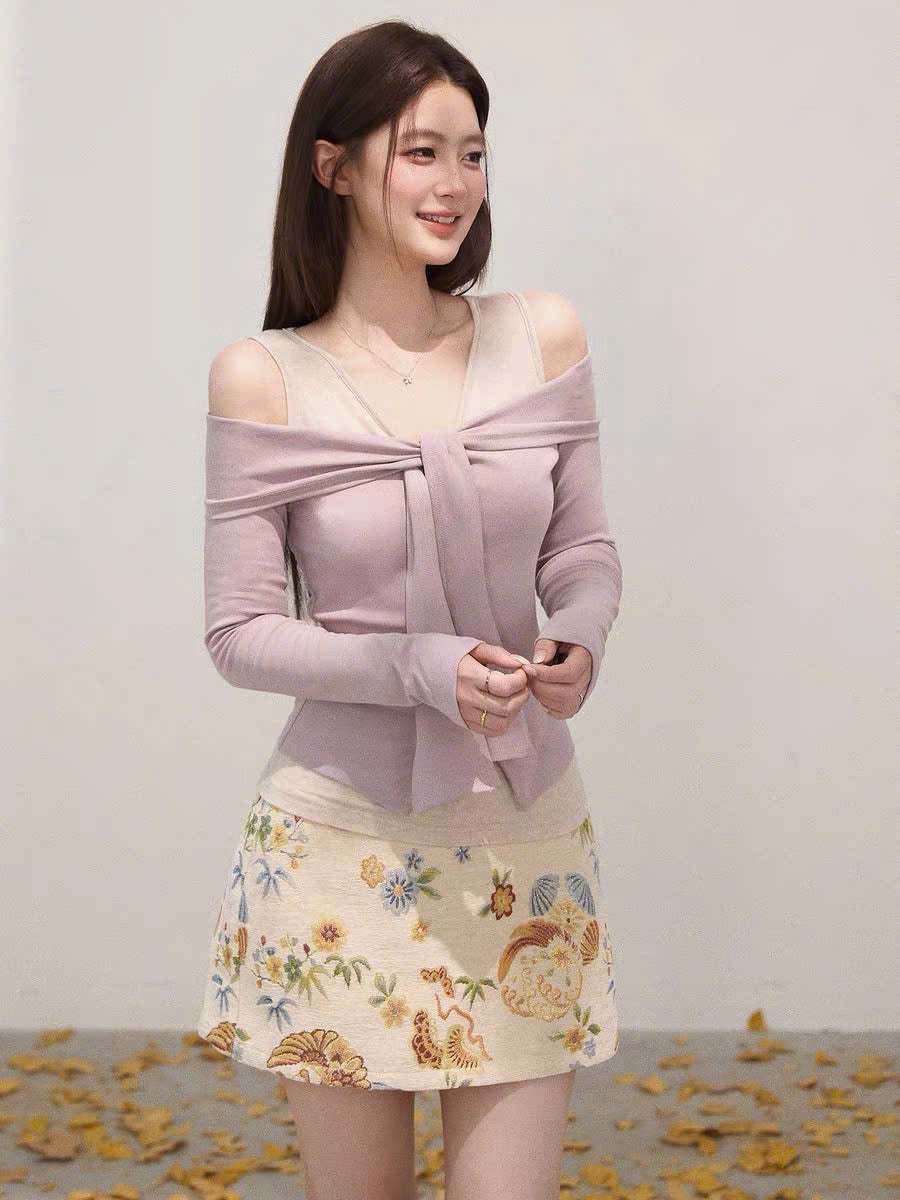 Áo tay dài khoét vai phối voan cột dây tím ngọt ngào