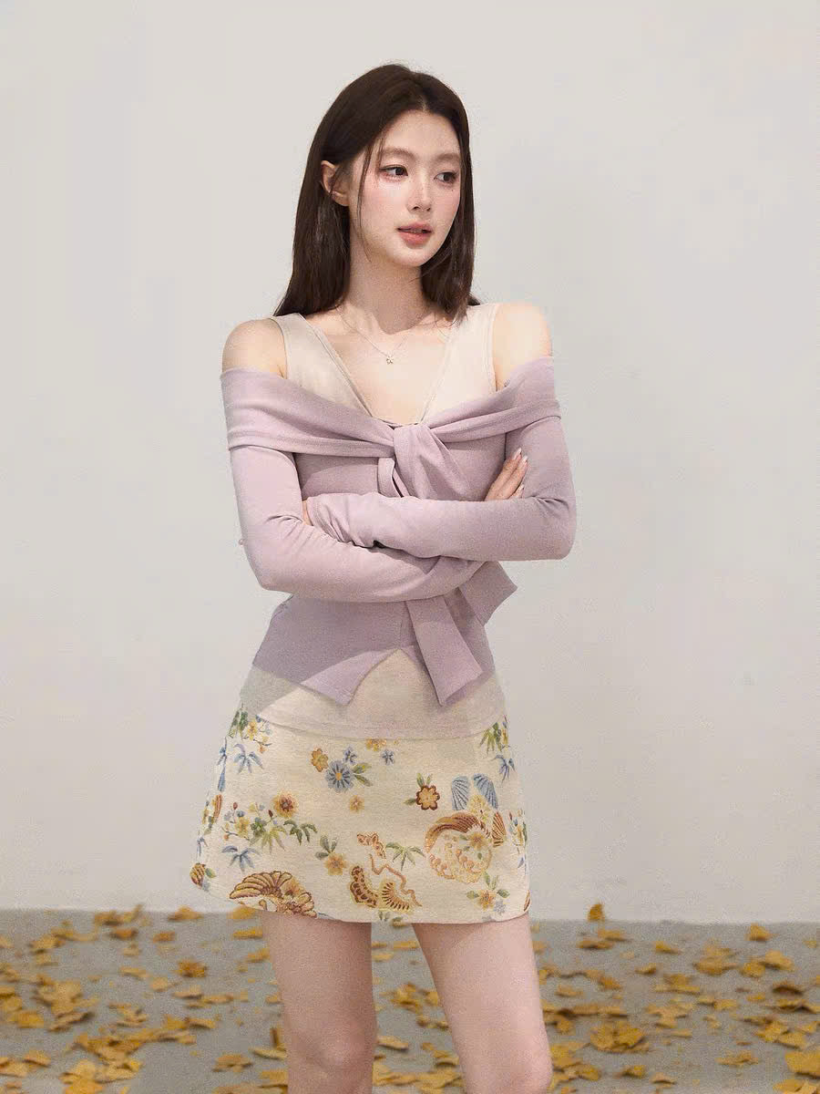 Áo tay dài khoét vai phối voan cột dây tím ngọt ngào