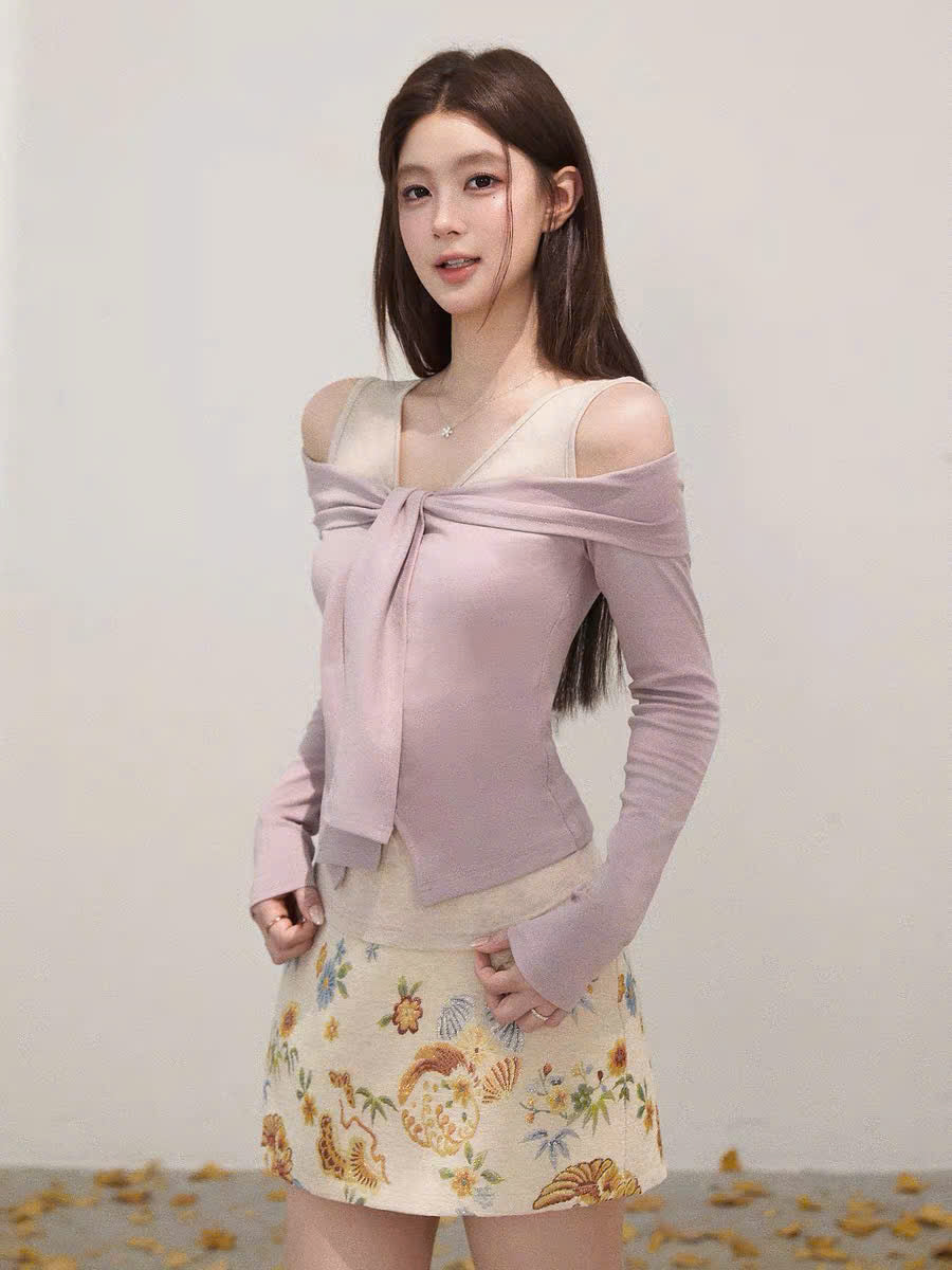 Áo tay dài khoét vai phối voan cột dây tím ngọt ngào