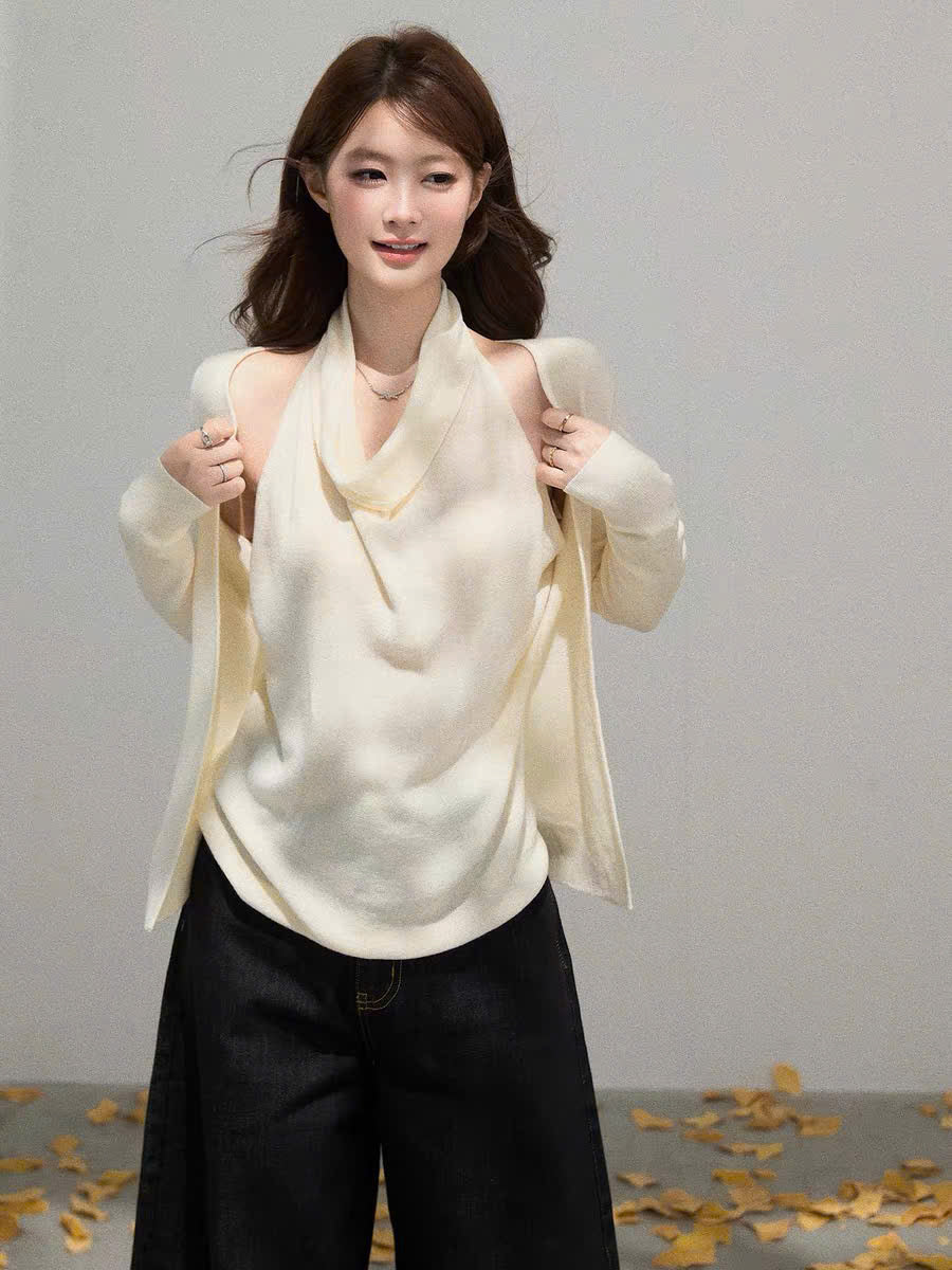 Áo cổ yếm đổ tay dài màu kem