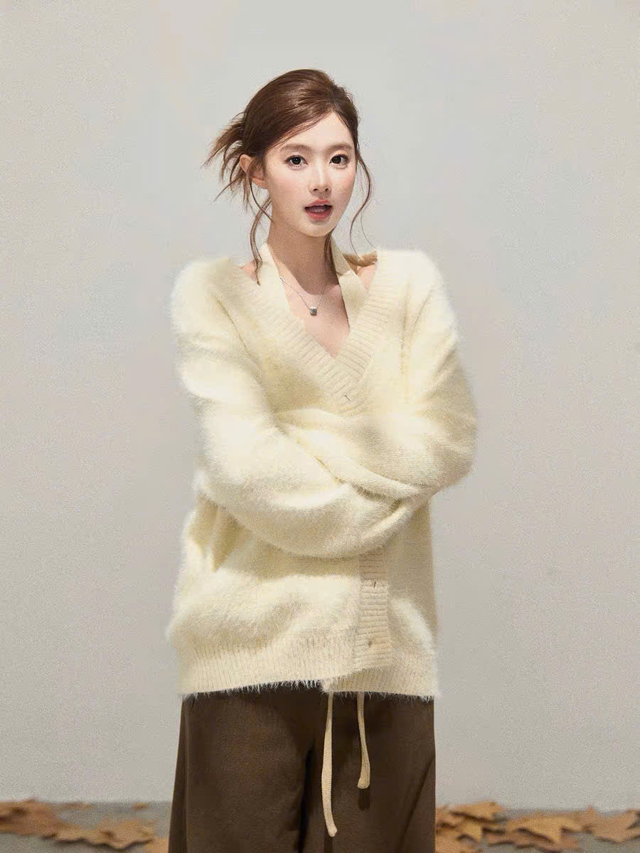 Set áo yếm len đính hoa và cardigan len lông màu kem (có tách lẻ)
