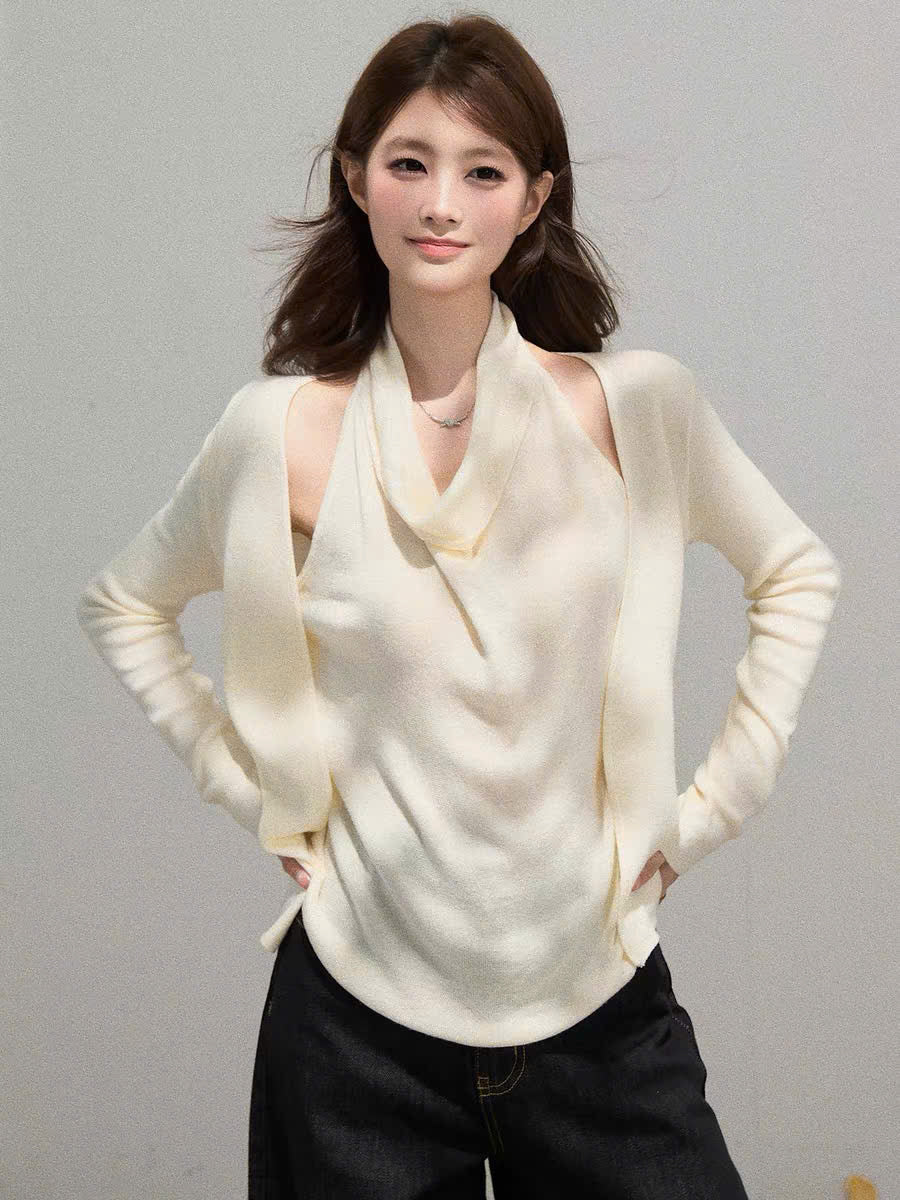Áo cổ yếm đổ tay dài màu kem