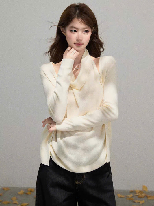 Áo cổ yếm đổ tay dài màu kem