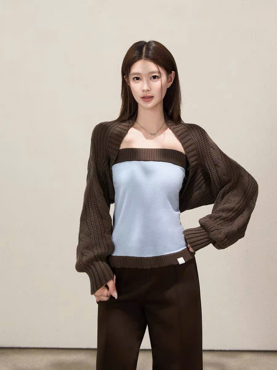 Set áo ổng và áo khoác cardigan len nâu