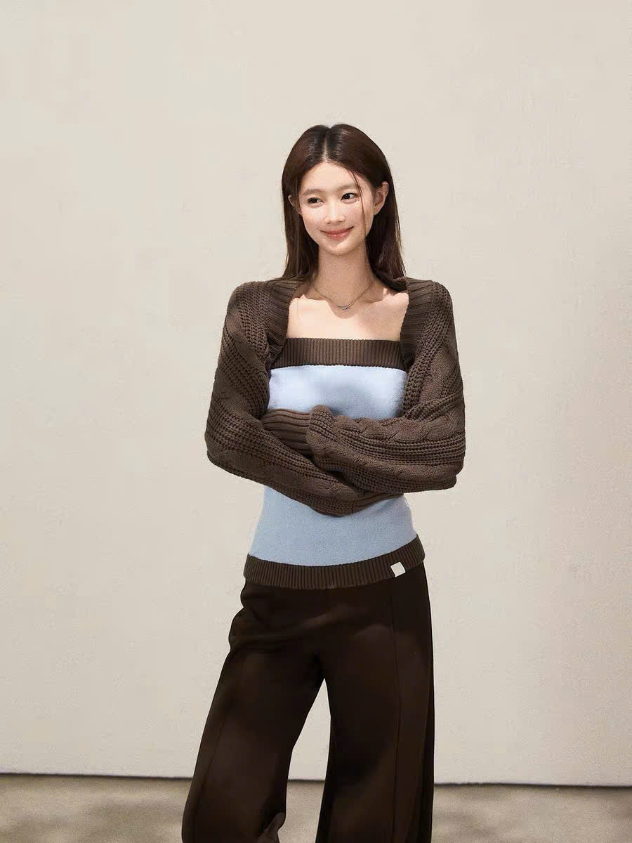 Set áo ổng và áo khoác cardigan len nâu
