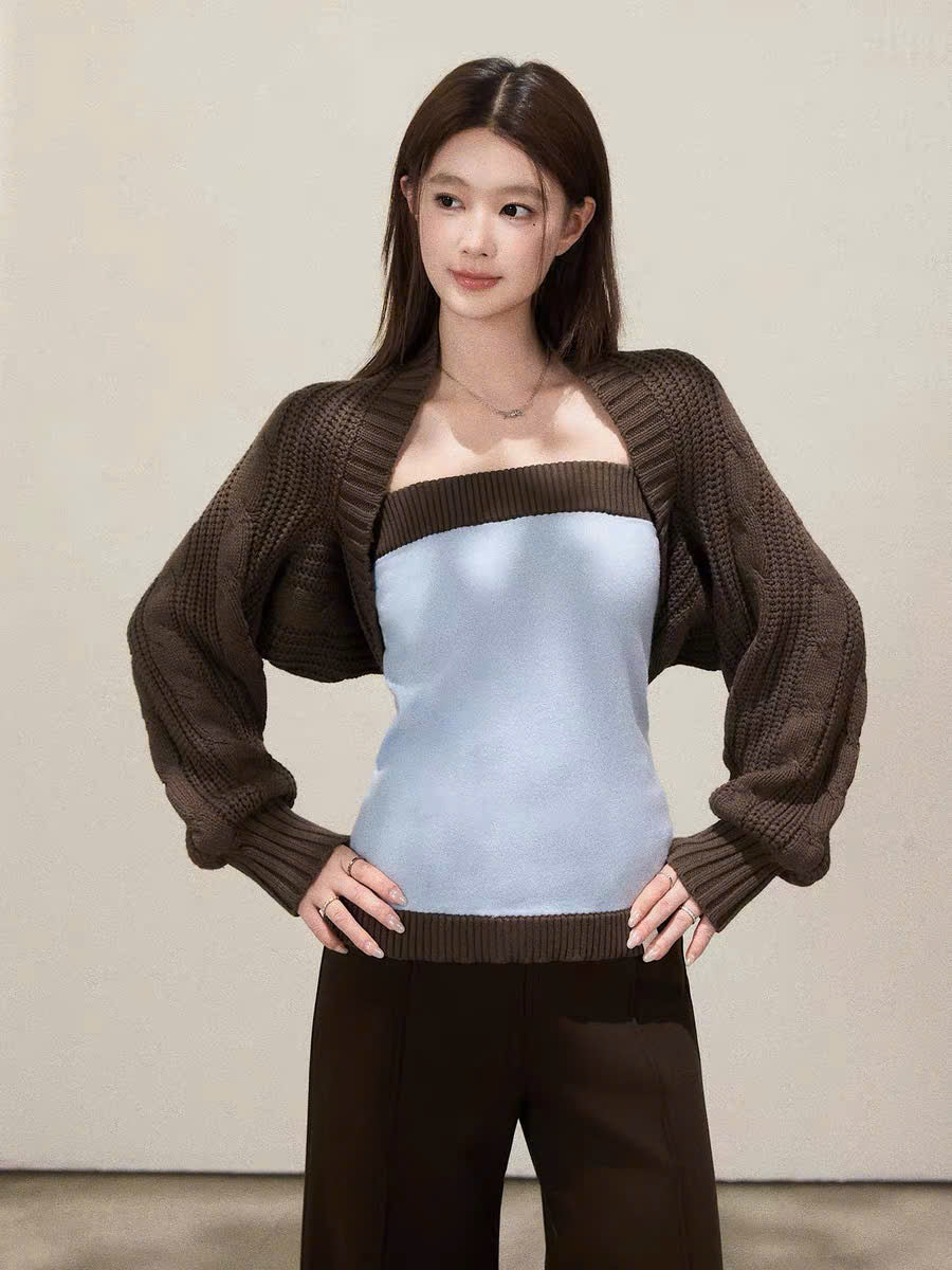 Set áo ổng và áo khoác cardigan len nâu