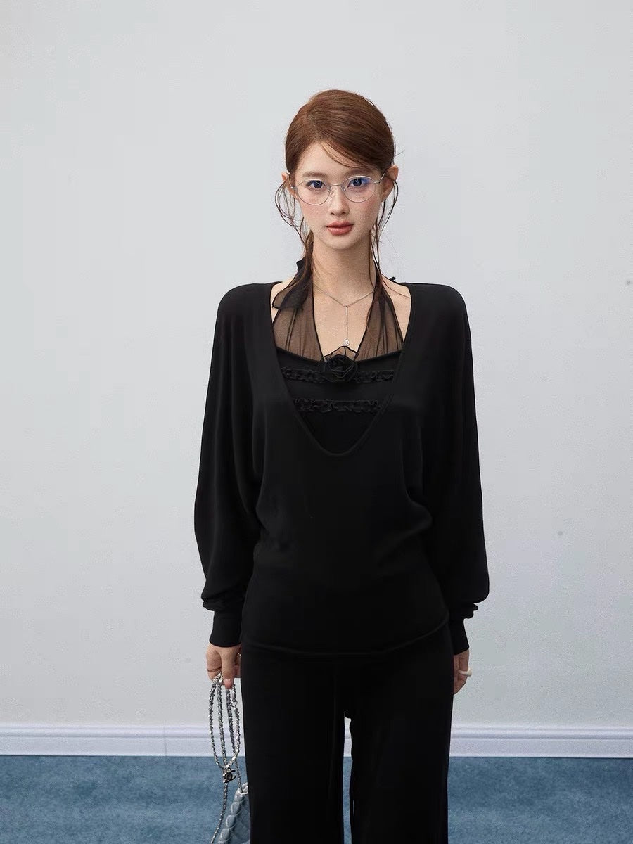 Set 3 món áo 2 dây cổ yếm, áo tay dài cổ V và quần suông đen (có tách lẻ)