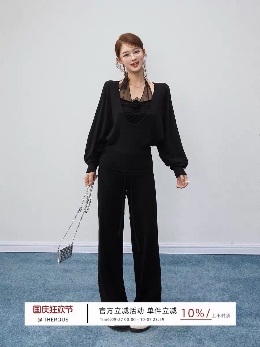 Set 3 món áo 2 dây cổ yếm, áo tay dài cổ V và quần suông đen (có tách lẻ)