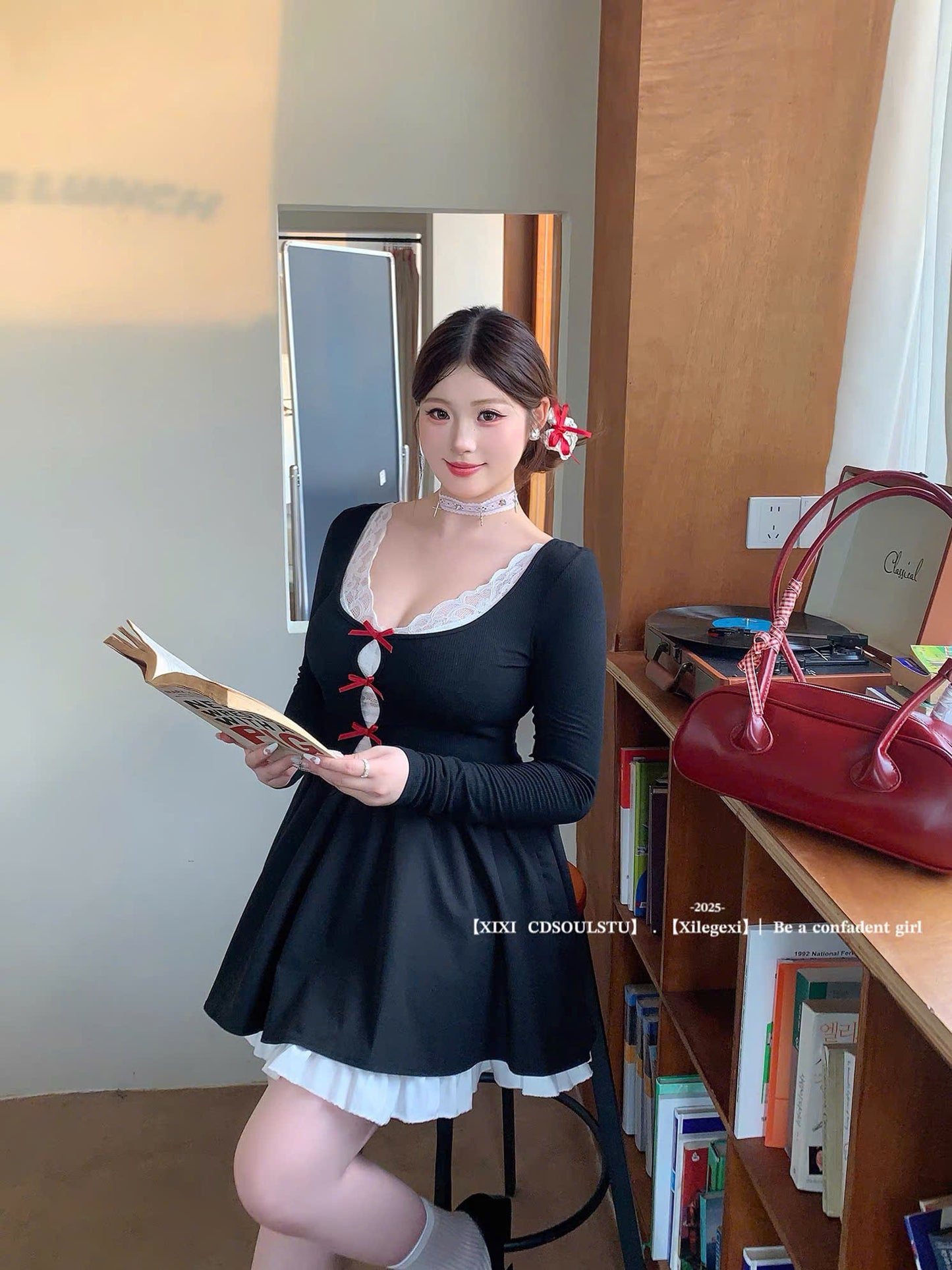 (Có Bigsize) Đầm đen phối ren nơ đỏ tay dài