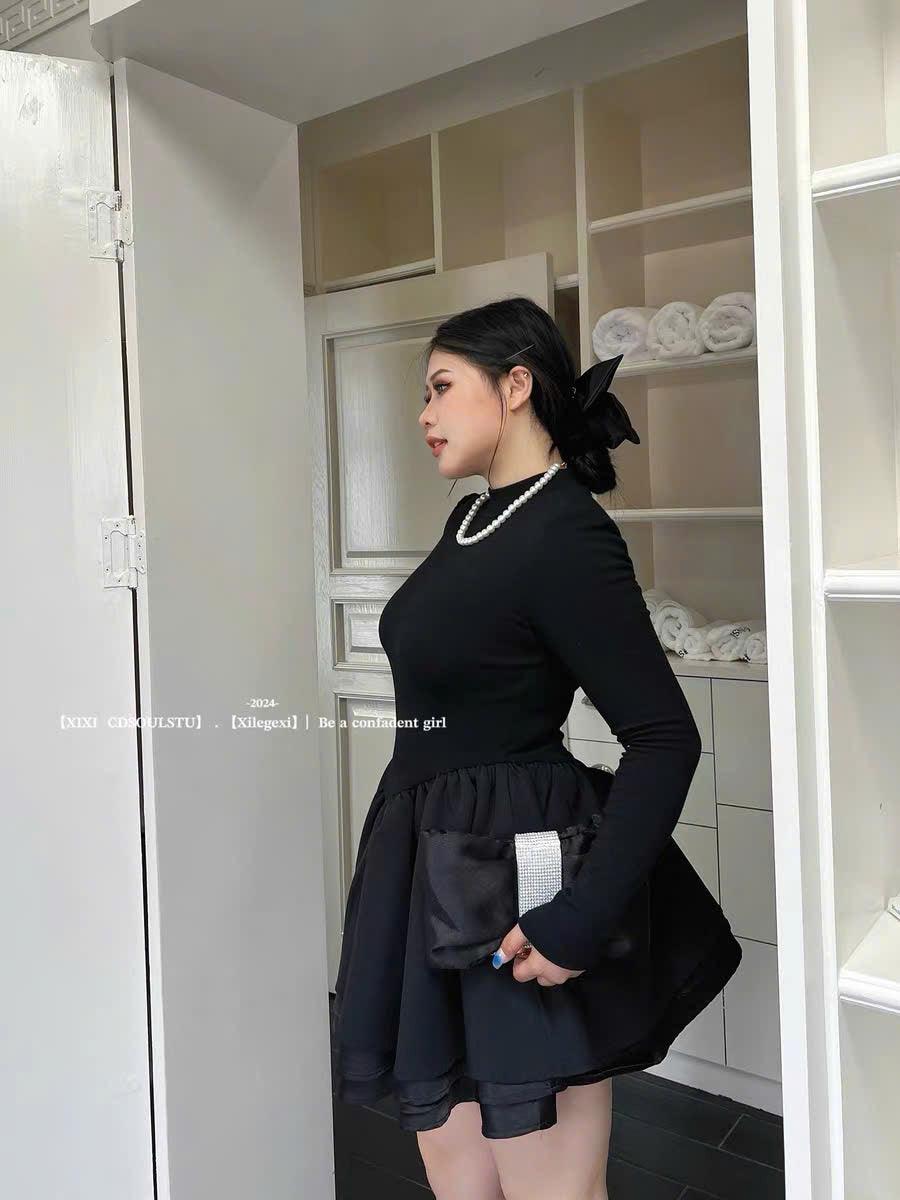 (Có Bigsize) Đầm đen ngắn cổ tròn tay dài form xòe