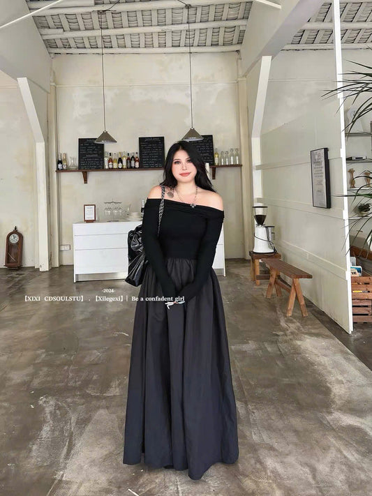 (Có Bigsize) Đầm đen dài trễ vai tay dài