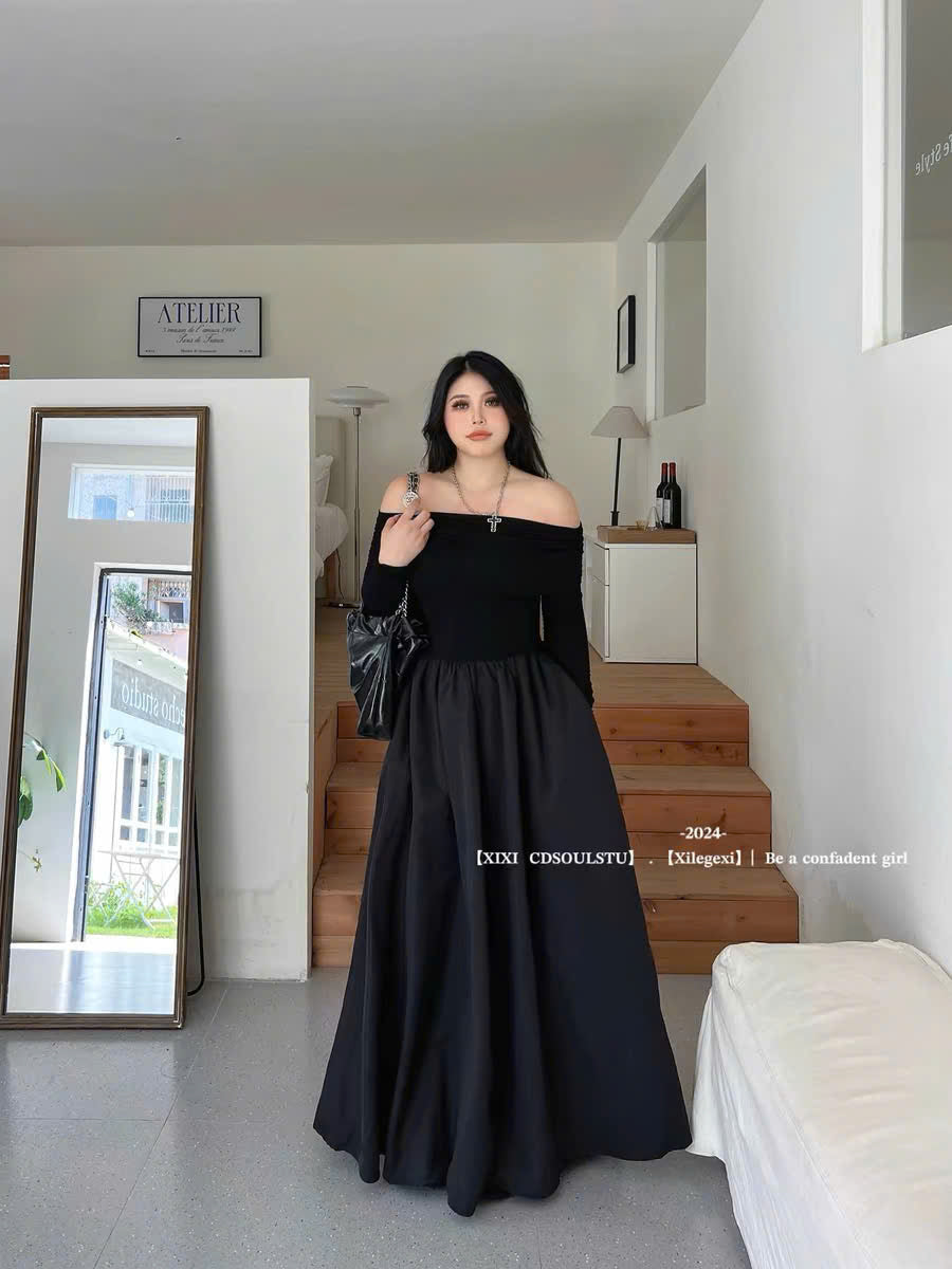 (Có Bigsize) Đầm đen dài trễ vai tay dài