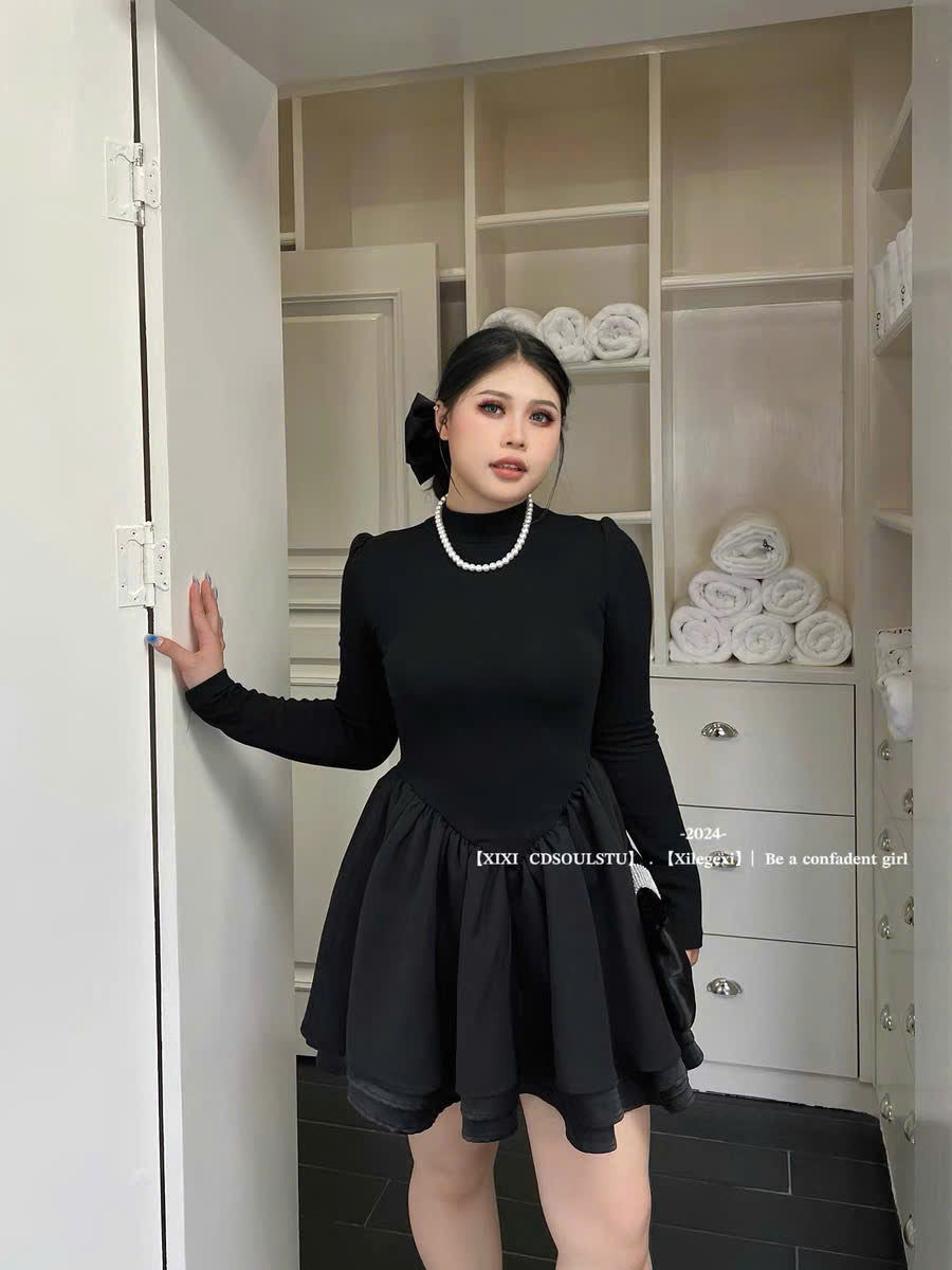 (Có Bigsize) Đầm đen ngắn cổ tròn tay dài form xòe