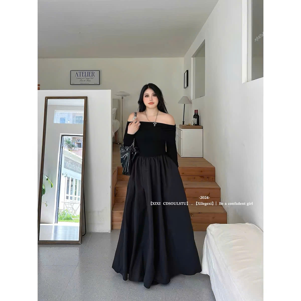 (Có Bigsize) Đầm đen dài trễ vai tay dài