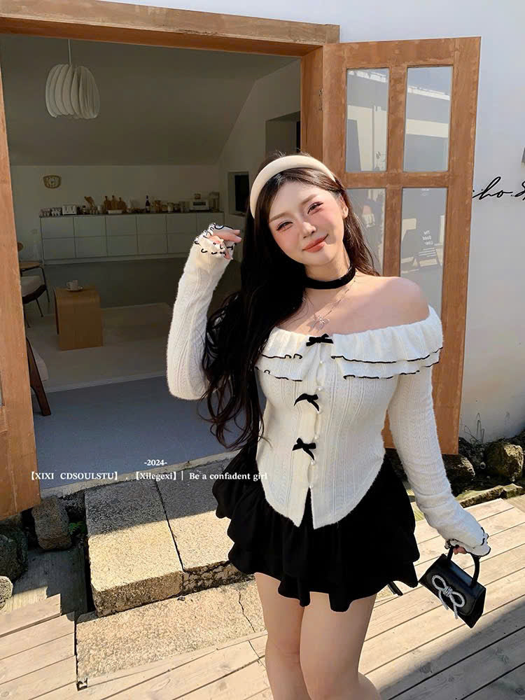 (Có Bigsize) Set áo trễ vai nơ và chân váy ngắn xòe