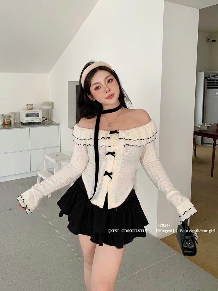 (Có Bigsize) Set áo trễ vai nơ và chân váy ngắn xòe