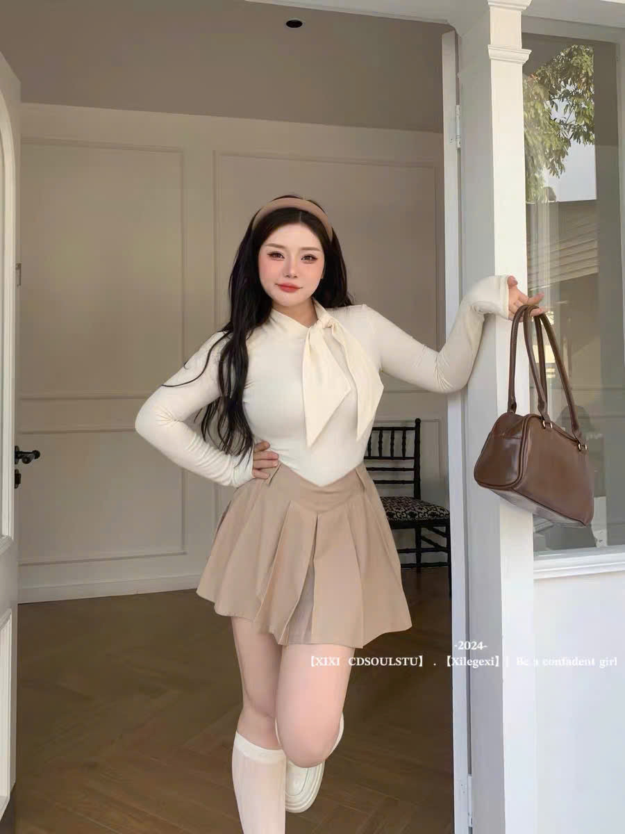 (Có Bigsize) Set áo tay dài cổ thắt khăn và chân váy xếp ly