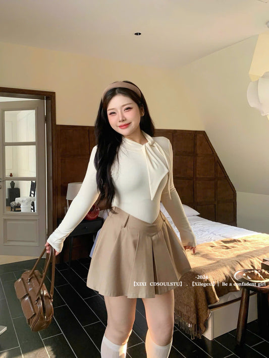 (Có Bigsize) Set áo tay dài cổ thắt khăn và chân váy xếp ly