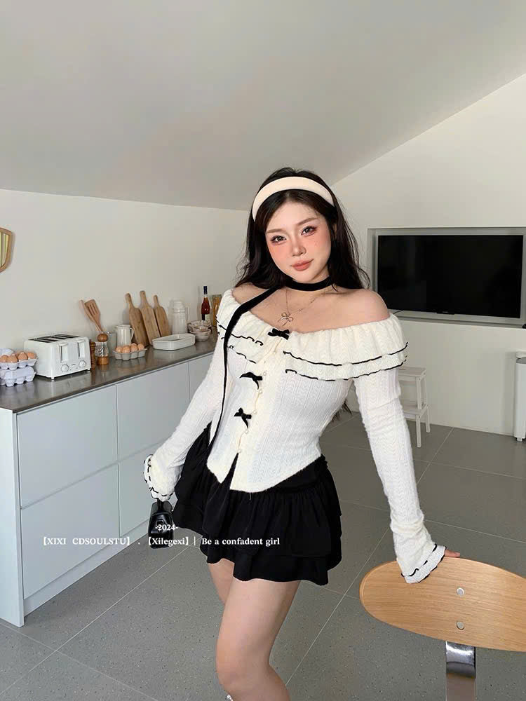 (Có Bigsize) Set áo trễ vai nơ và chân váy ngắn xòe