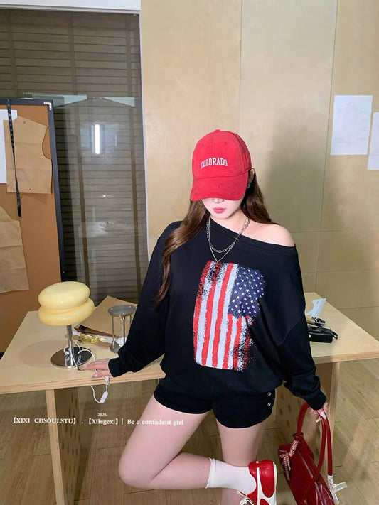 (Có Bigsize) Áo sweater đen lệch vai cờ Mỹ
