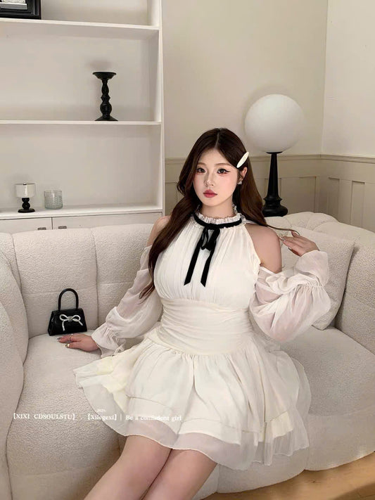 (Có Bigsize) Đầm trắng tay bồng khoét vai cổ nơ nữ tính