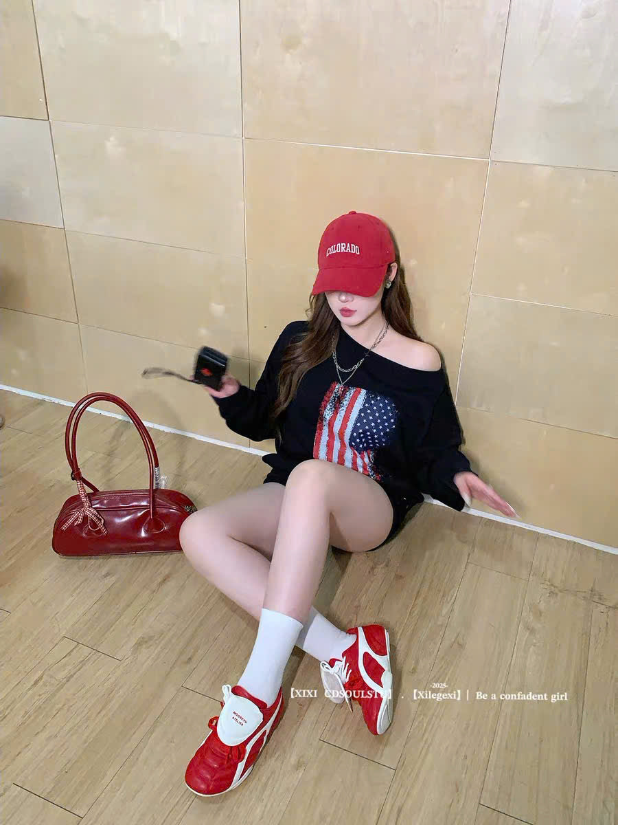 (Có Bigsize) Áo sweater đen lệch vai cờ Mỹ