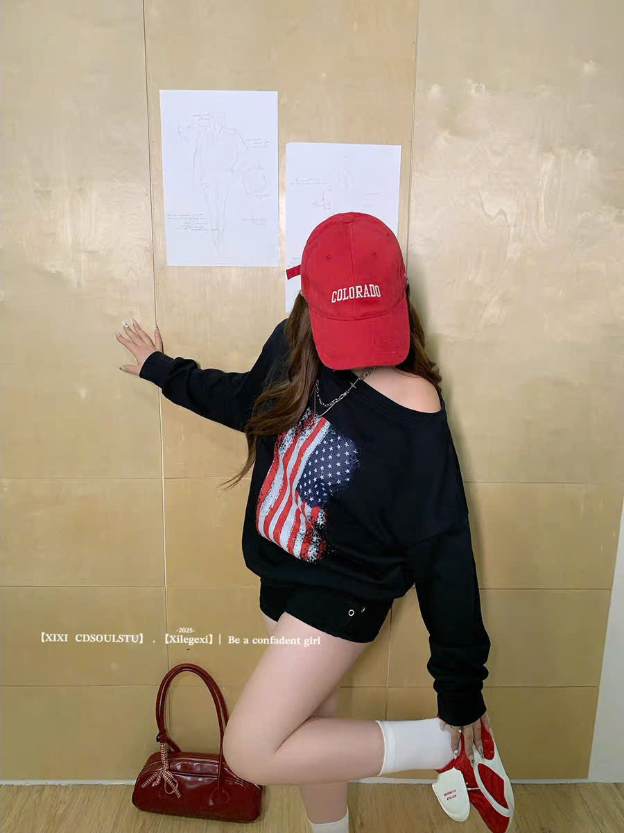 (Có Bigsize) Áo sweater đen lệch vai cờ Mỹ