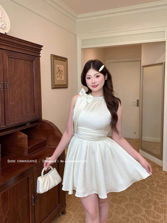 (Có Bigsize) Đầm lụa đính hạt kim sa cổ yếm nơ