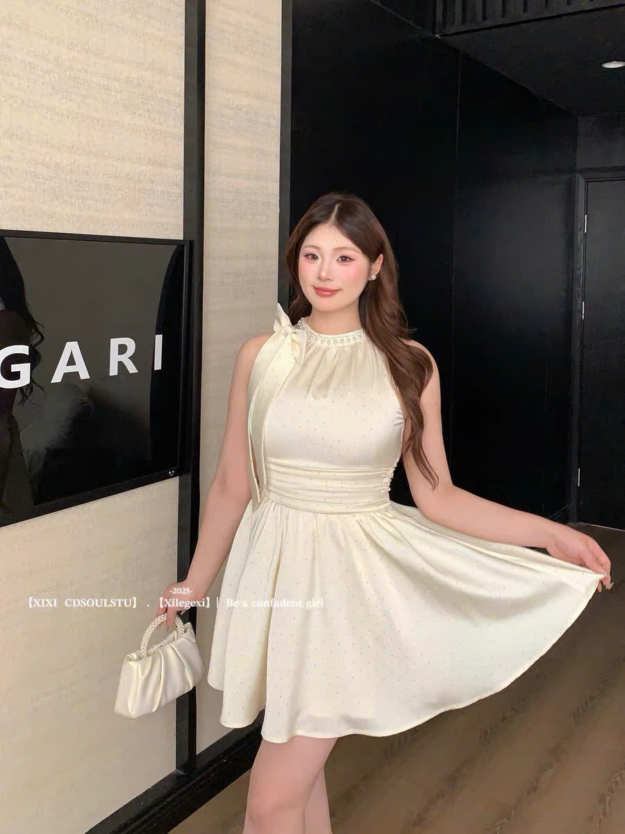 (Có Bigsize) Đầm lụa đính hạt kim sa cổ yếm nơ
