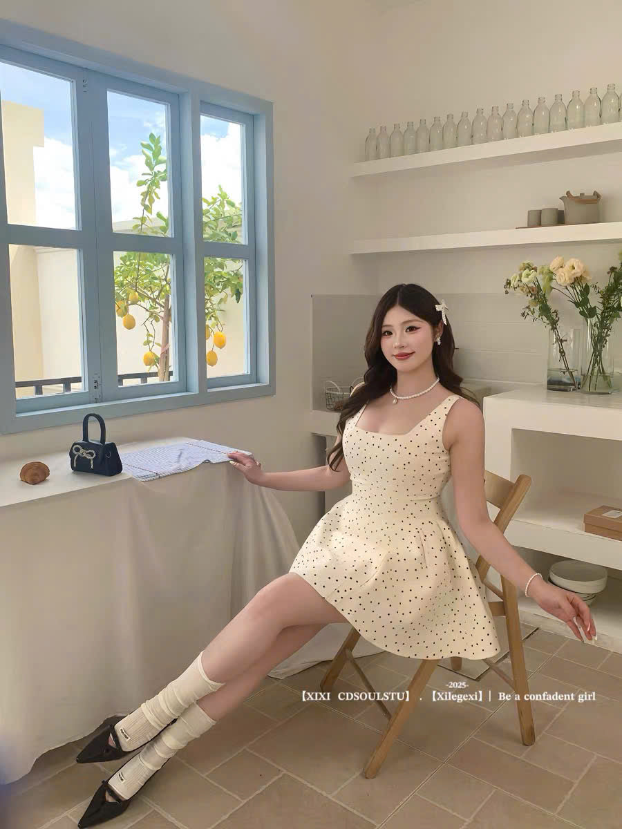 (Có Bigsize) Đầm chấm bi cổ vuông
