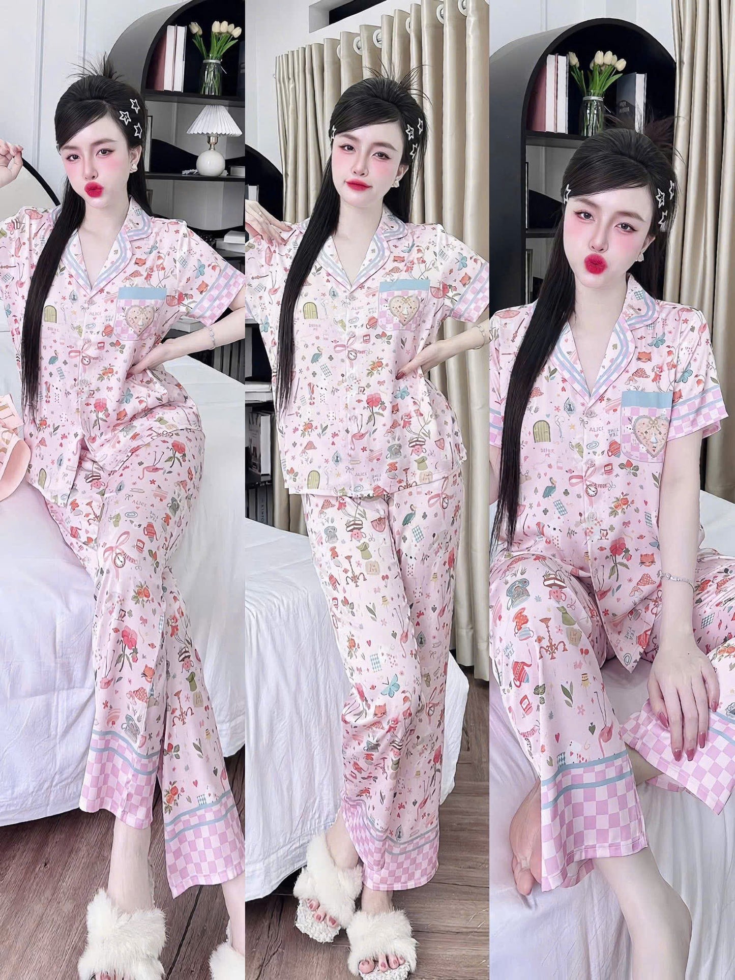 Bộ ngủ tay ngắn quần dài 3D hoa lá