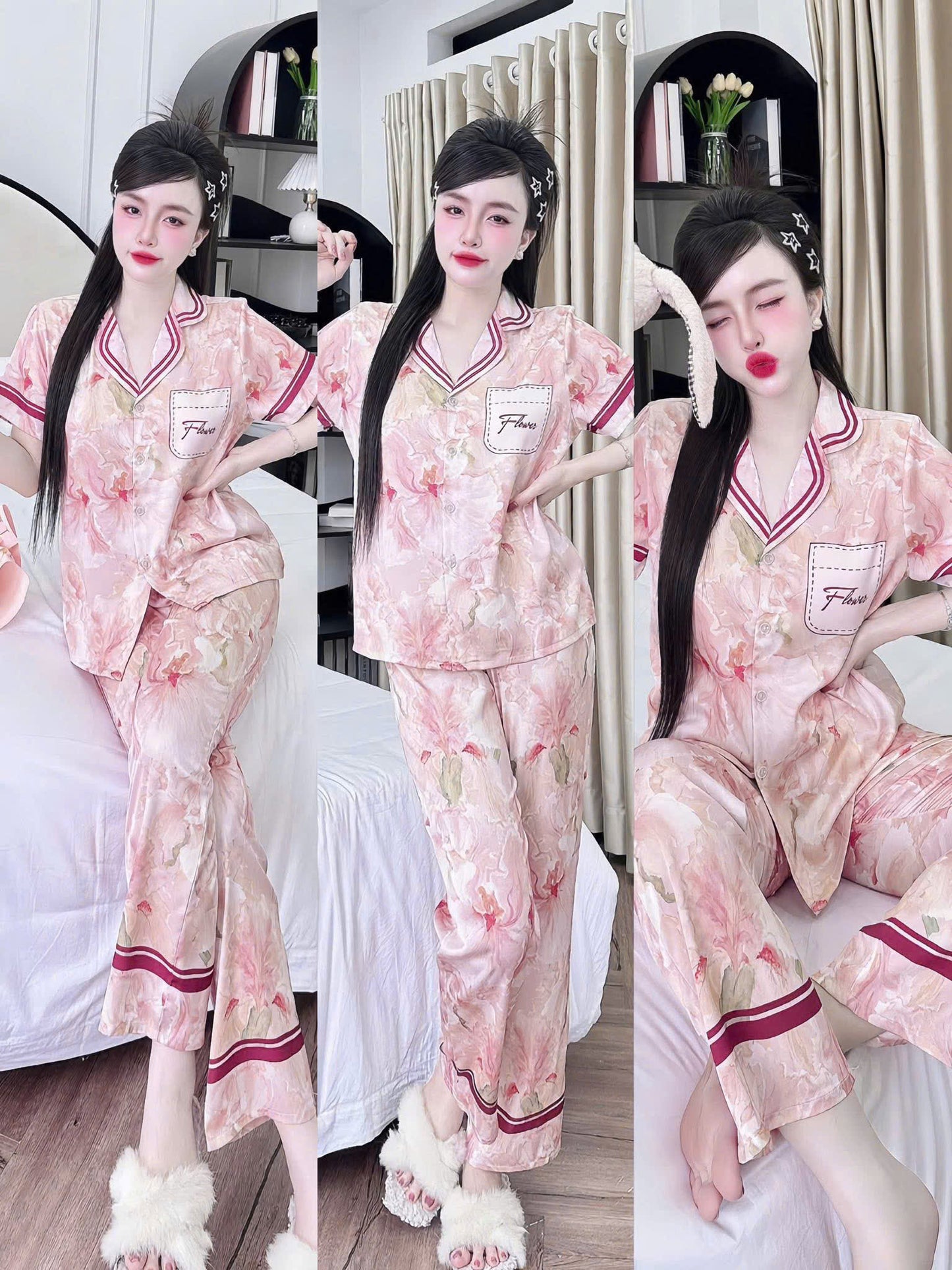 Bộ ngủ tay ngắn quần dài 3D hoa lá