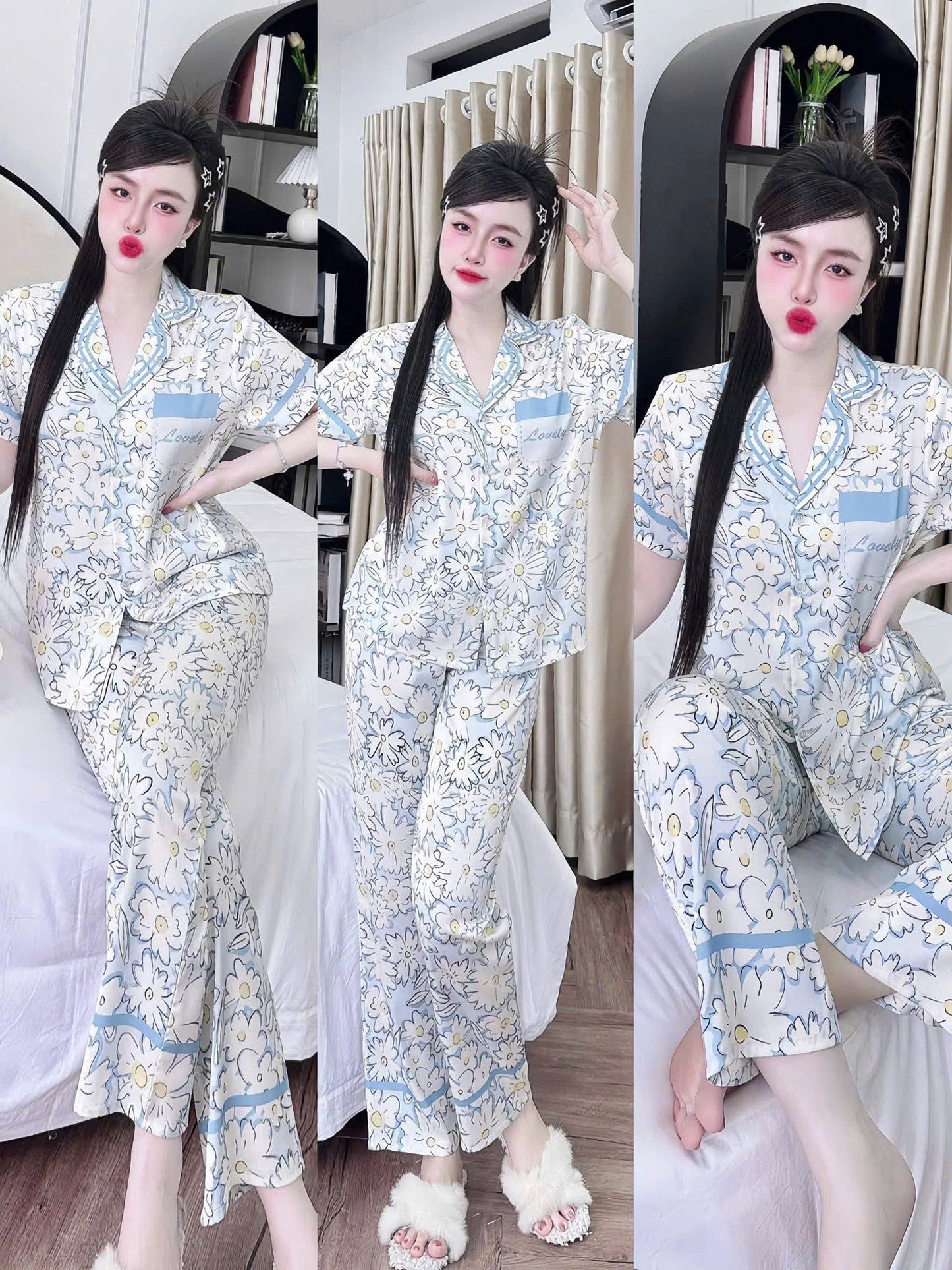 Bộ ngủ tay ngắn quần dài 3D hoa lá