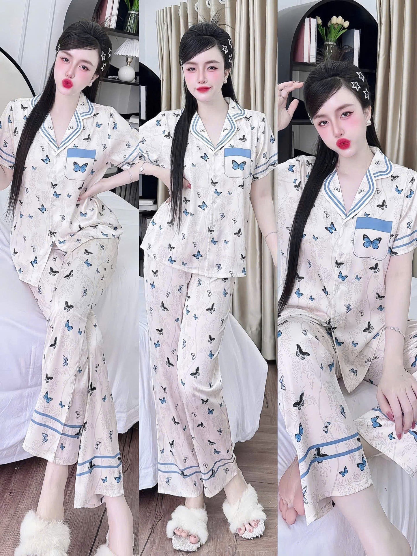Bộ ngủ tay ngắn quần dài 3D hoa lá