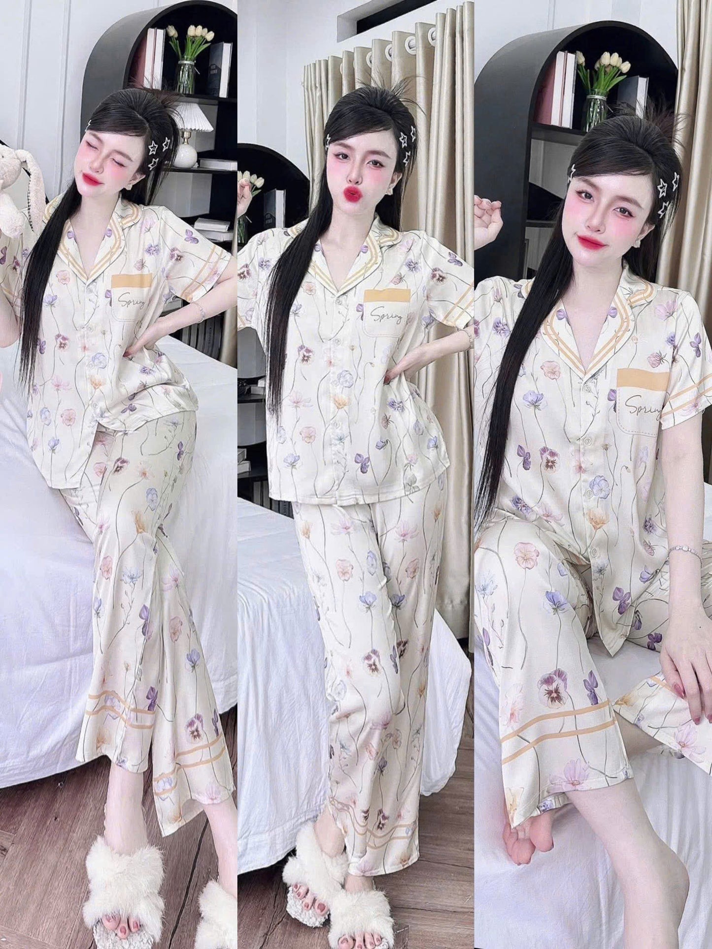 Bộ ngủ tay ngắn quần dài 3D hoa lá