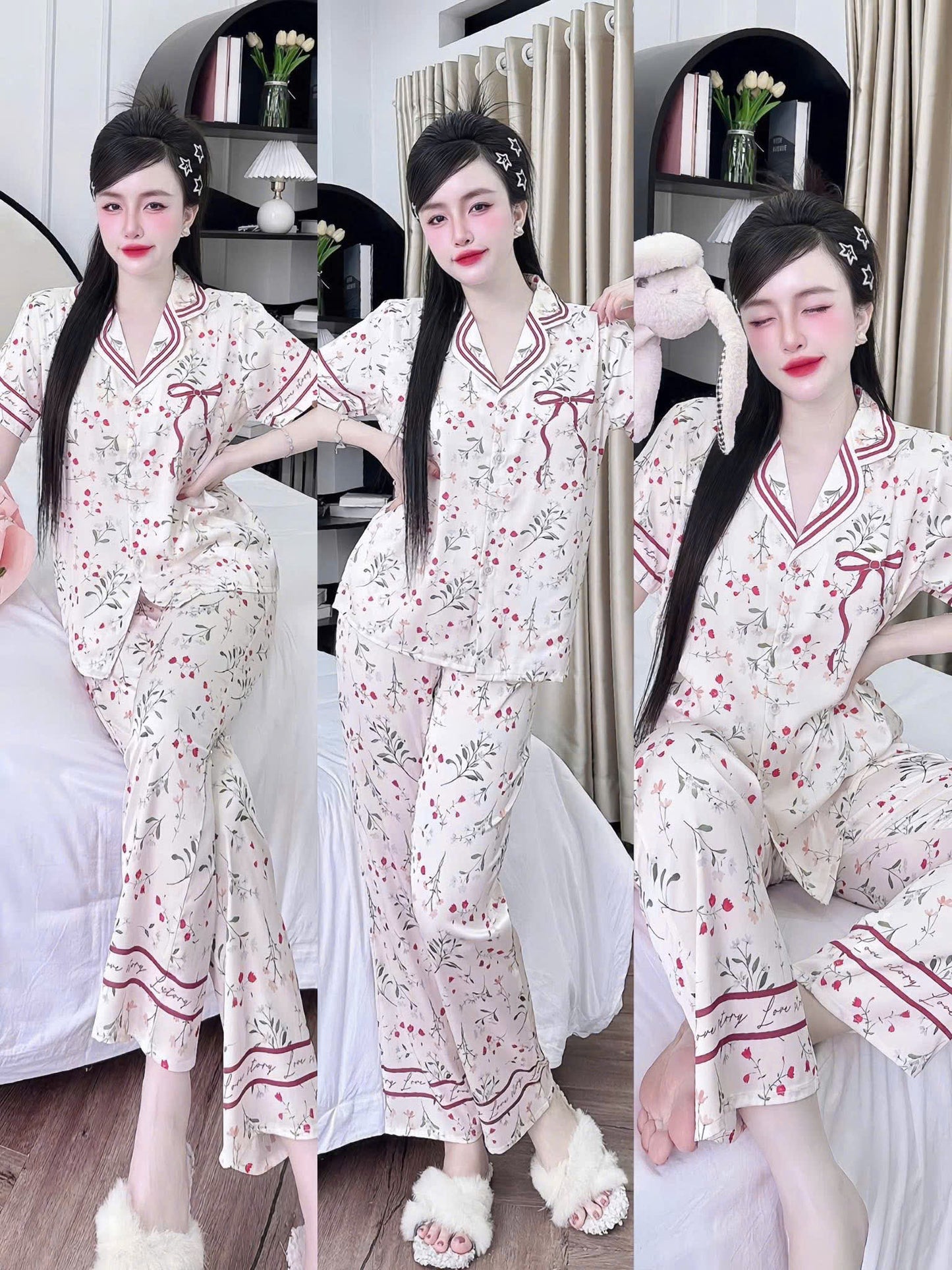 Bộ ngủ tay ngắn quần dài 3D hoa lá