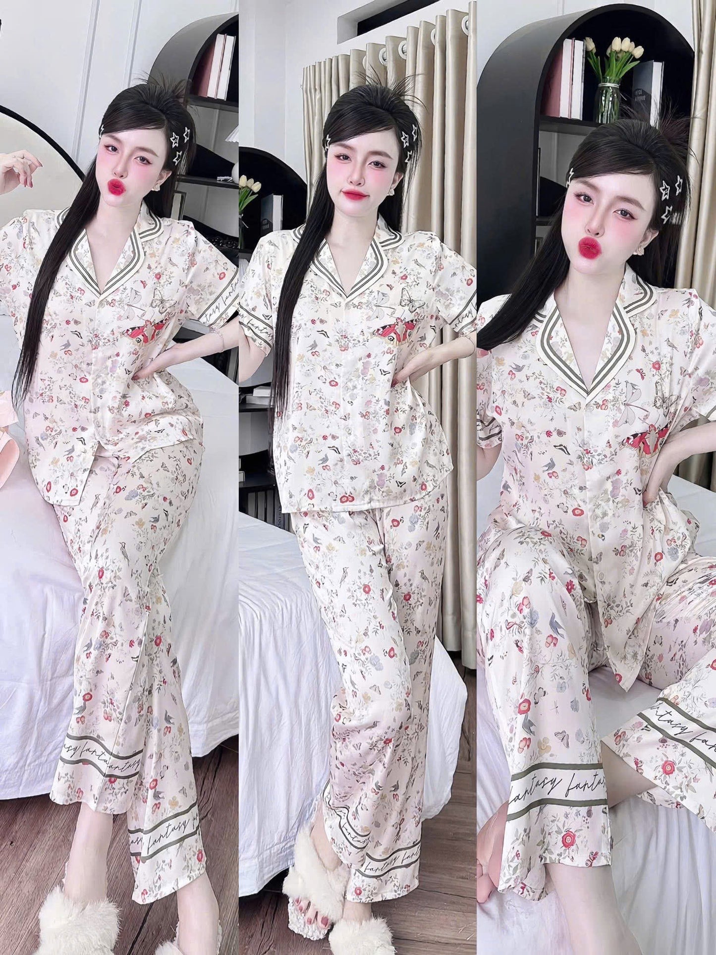 Bộ ngủ tay ngắn quần dài 3D hoa lá