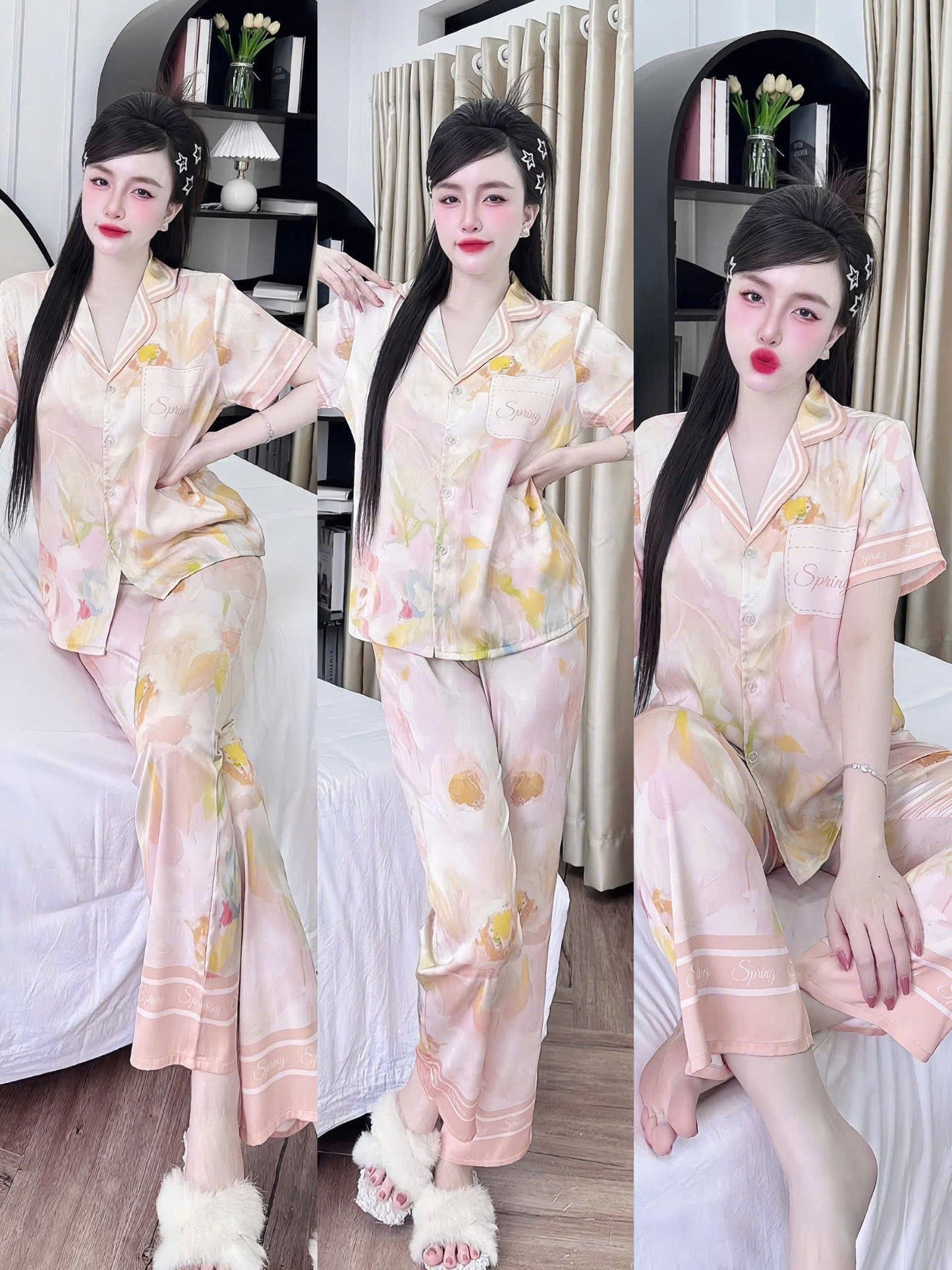 Bộ ngủ tay ngắn quần dài 3D hoa lá