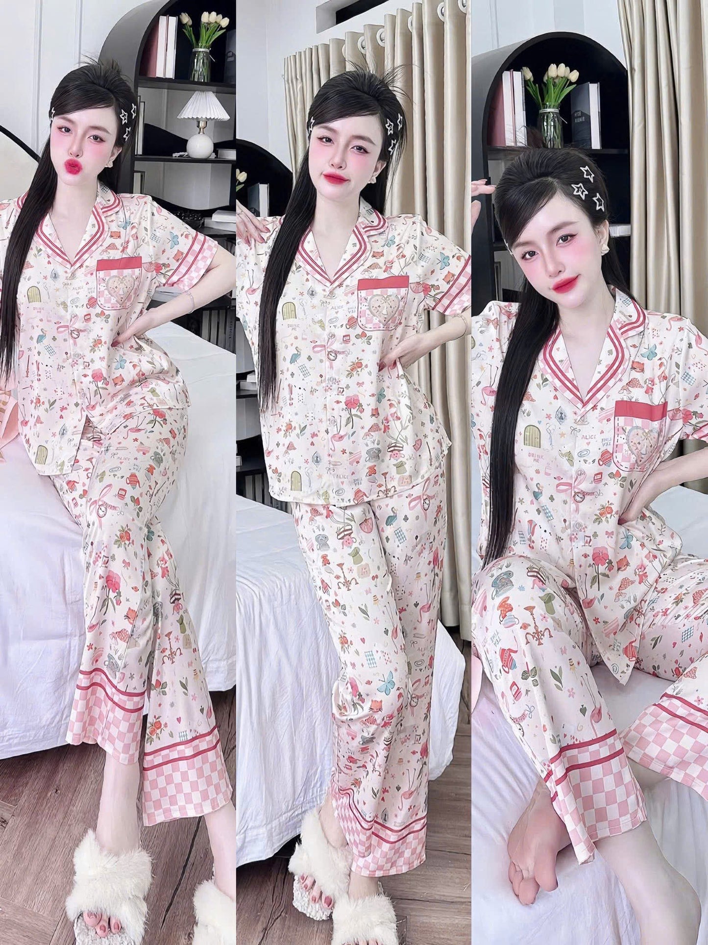Bộ ngủ tay ngắn quần dài 3D hoa lá