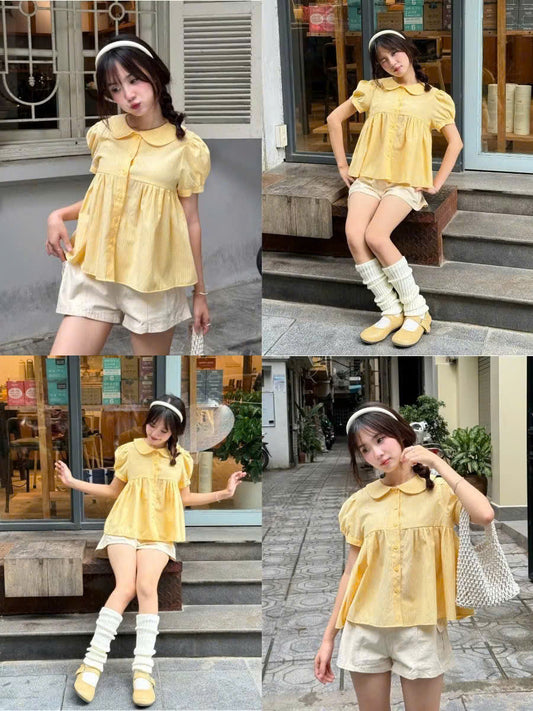 Áo babydoll cổ sơ mi tay bồng kẻ sọc local brand Việt Nam