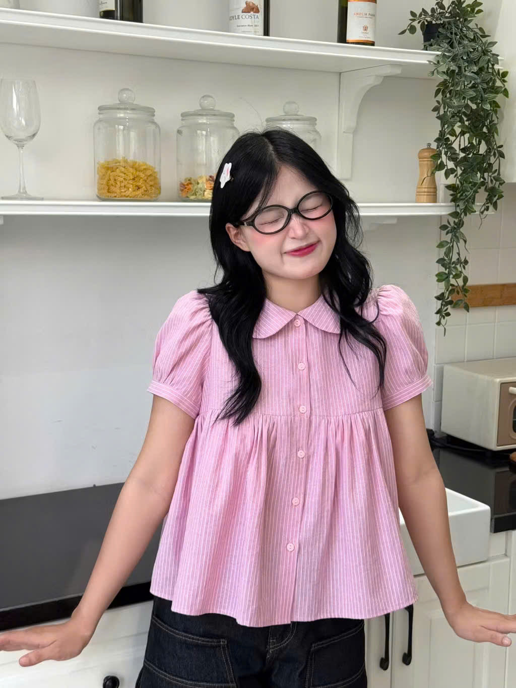 Áo babydoll cổ sơ mi tay bồng kẻ sọc local brand Việt Nam